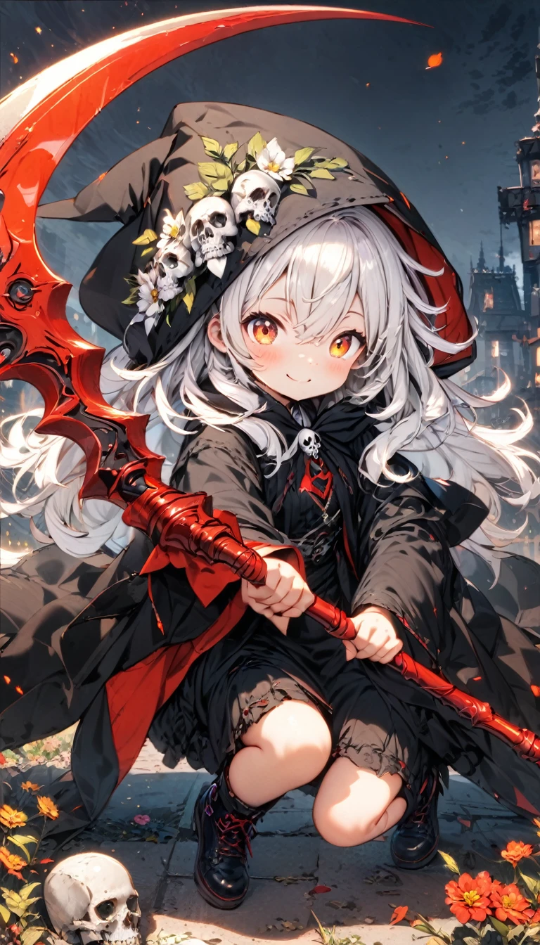 solo,1female\(grim reaper,cute,kawaii,age of 10,hair color white,braid hair,messy hair,eye color dark,big eyes,white skin,big smile,enjoy,full body,wearing Grim Reaper's black Robe,(black hood),holding scythe,skip,flower hair ornament,white hair,(body transparent:0.8)\),background\((black sky:1.5),skulls at ground,withered flowers all over the ground,red water\), BREAK ,quality\(8k,wallpaper of extremely detailed CG unit, ​masterpiece,high resolution,top-quality,top-quality real texture skin,hyper realisitic,increase the resolution,RAW photos,best qualtiy,highly detailed,the wallpaper\)