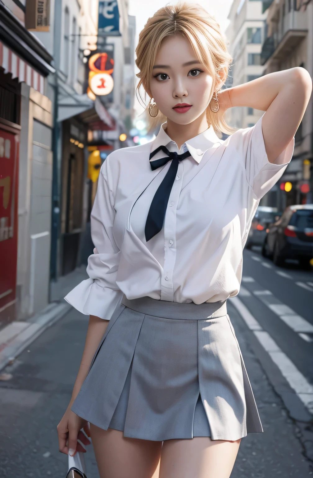 Gray eyes, Korean , Summer shirts, Ribbon Tie, skirt, Bright Blonde, Chest push pose,, 8K original image, high resolution, 16 year old Korean guy is so handsome, round, Full breasts, Beautiful eye details, Long eyelashes, Beautiful double eyelids, Eyeshadow, Eyeliner, Slender eyes, Elongate the eye shape, Three white eyes, Evil smile, Express, Very beautiful and long legs, Beautiful and slender thighs, random hit, hair tied behind the head, earrings,Random Location,Random Direction Photos,Random Clothing,Enlarged breasts