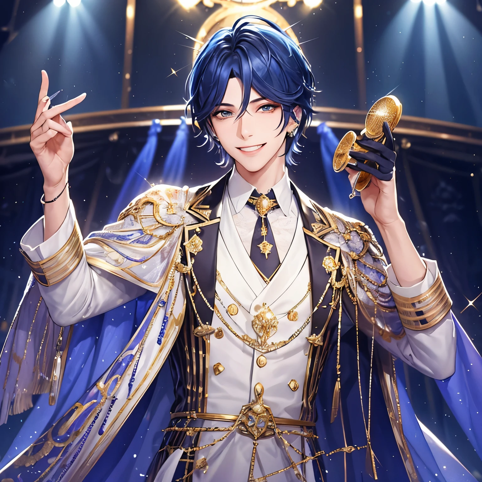 Um homem com um sorriso brilhante, um male idol segurando um microfone, cantando no palco, suor, industrious, smiling sweetly at the camera, prince costume outfit, olhos brilhantes, sorriso arrebatador, show idol, cabelo colorido olhos coloridos