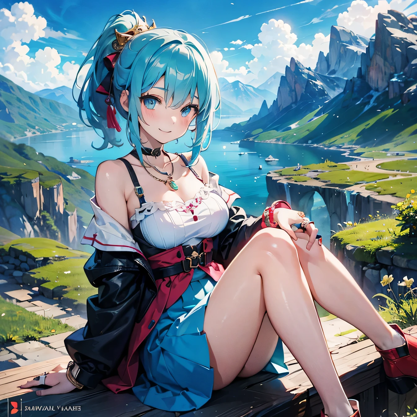 Anime Moe Art Style,highest quality,High resolution,Anatomically correct,One Girl,Mid-teens,A girl with light blue hair in a ponytail,Super detailed,Fantasy-style world,Off-the-shoulder tops,mini skirt,Big Breasts,A rich expression,smile,Mountainous Regions,Sitting with knees hugged,Eyes drawn in detail,hair ornaments,necklace,bracelet,ring,8K