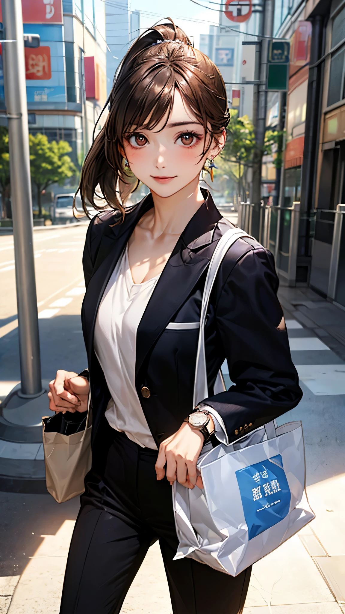 (masterpiece:1.2, top-quality), (realistic, photorealistic:1.4), beautiful illustration, (natural side lighting, movie lighting), 
looking at viewer, full body, front view:0.6, 1 girl, japanese, office worker, reception, perfect face, cute and symmetrical face, suntan, shiny skin, 
(middle hair, ponytail, sidelocks, brown hair), swept bangs, light brown eyes, long eye lasher, (medium breasts), slender, 
beautiful hair, beautiful face, beautiful detailed eyes, beautiful clavicle, beautiful body, beautiful chest, beautiful thigh, beautiful legs, beautiful fingers, 
(wearing a white formal shirt, black blazer, black pants, carrying a bag, wearing a watch, earrings wearing earrings),
(beautiful scenery), big break, (modern tokyo city, street), realism, textured leather, (walking), (slight smile),