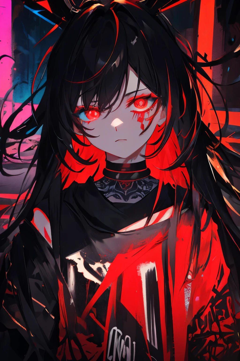 best quality, intricate details, chromatic aberration,
1girl, long hair, black hair, messy hair, red highlights, hair over one eye, red eyes, sharp eyes,
choker, neon shirt, torn legwear, open jacket,
against wall, brick wall, graffiti, glowing grafiti, glowing tattoos, glow, neon lights,
blacklight,