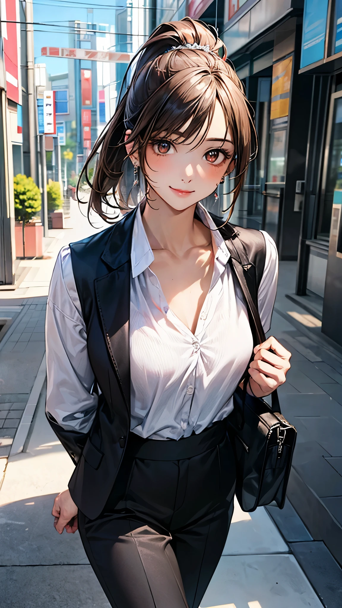 (masterpiece:1.2, top-quality), (realistic, photorealistic:1.4), beautiful illustration, (natural side lighting, movie lighting), 
looking at viewer, full body, front view:0.6, 1 girl, japanese, office worker, reception, perfect face, cute and symmetrical face, suntan, shiny skin, 
(middle hair, ponytail, sidelocks, brown hair), swept bangs, light brown eyes, long eye lasher, (medium breasts), slender, 
beautiful hair, beautiful face, beautiful detailed eyes, beautiful clavicle, beautiful body, beautiful chest, beautiful thigh, beautiful legs, beautiful fingers, 
(wearing a white formal shirt, black blazer, black pants, carrying a bag, wearing a watch, earrings wearing earrings),
(beautiful scenery), big break, (modern tokyo city, street), realism, textured leather, (walking), (slight smile),