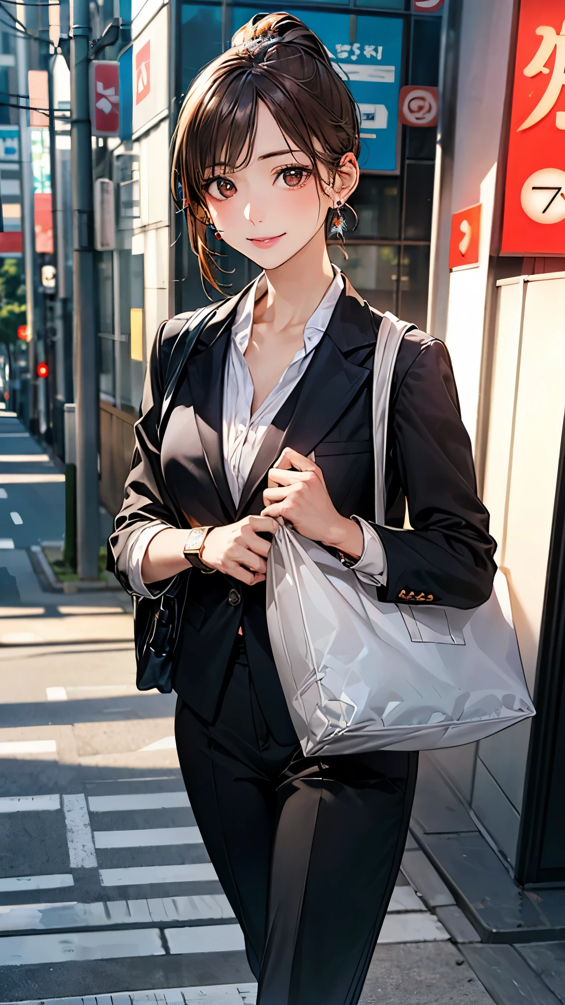 (masterpiece:1.2, top-quality), (realistic, photorealistic:1.4), beautiful illustration, (natural side lighting, movie lighting),
looking at viewer, full body, front view:0.6, 1 girl, japanese, office worker, reception, perfect face, cute and symmetrical face, suntan, shiny skin,
(middle hair, ponytail, sidelocks, brown hair), swept bangs, light brown eyes, long eye lasher, (medium breasts), slender,
beautiful hair, beautiful face, beautiful detailed eyes, beautiful clavicle, beautiful body, beautiful chest, beautiful thigh, beautiful legs, beautiful fingers,
(wearing a white formal shirt, black blazer, black pants, carrying a bag, wearing a watch, earrings wearing earrings),
(beautiful scenery), big break, (modern tokyo city, street), realism, textured leather, (walking), (slight smile),