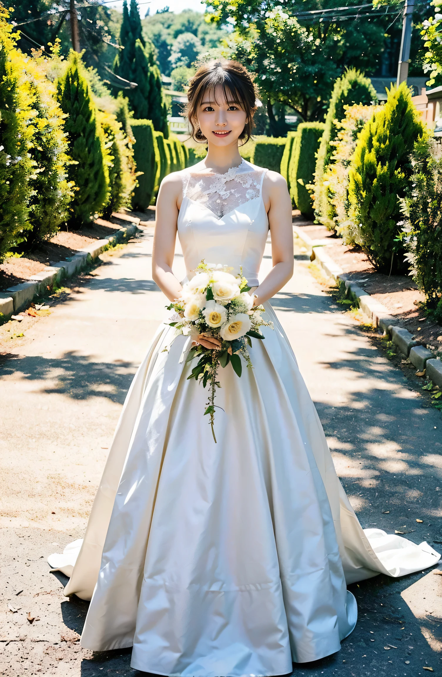 Big Smile、Holding a bouquet、A lovely smile、A luxurious white silk dress with lace、Stunning gardens、Colorful flowers々is blooming、White silk and shiny dress、A luxurious and elegant white wedding dress、Braided hair only for the bangs（（wedding ceremony:1.4））、Full body photo、smile、 Caustics、Highly detailed photos、Very beautiful eyeedium Short Hair、Large Breasts、Super no makeup、(8k、RAW Photos、highest quality、masterpiece:1.2)、(Realistic、Realistic)、1 girl、((Medium Short Hair、Looking into the camera:1.4))、
