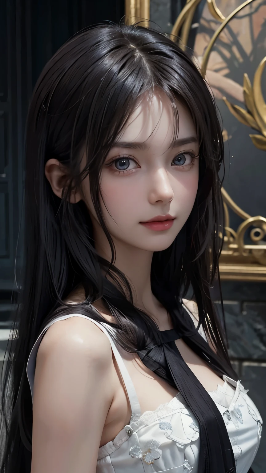 (Surrealism), (number), (Increase resolution), (8K), (Very detailed), (Best number), (Beautiful and delicate eyes), (best quality), (Super detailed), (masterpiece ), ( wallpaper), (Delicate face), Solitary, 1 girl, Looking at the audience, nitty gritty, Delicate face, in the darkness, Deep Shadows, Discreet key, Pure Face Ace_V1, Smile, long hair, Black shawl straight hair , 46 points side bangs