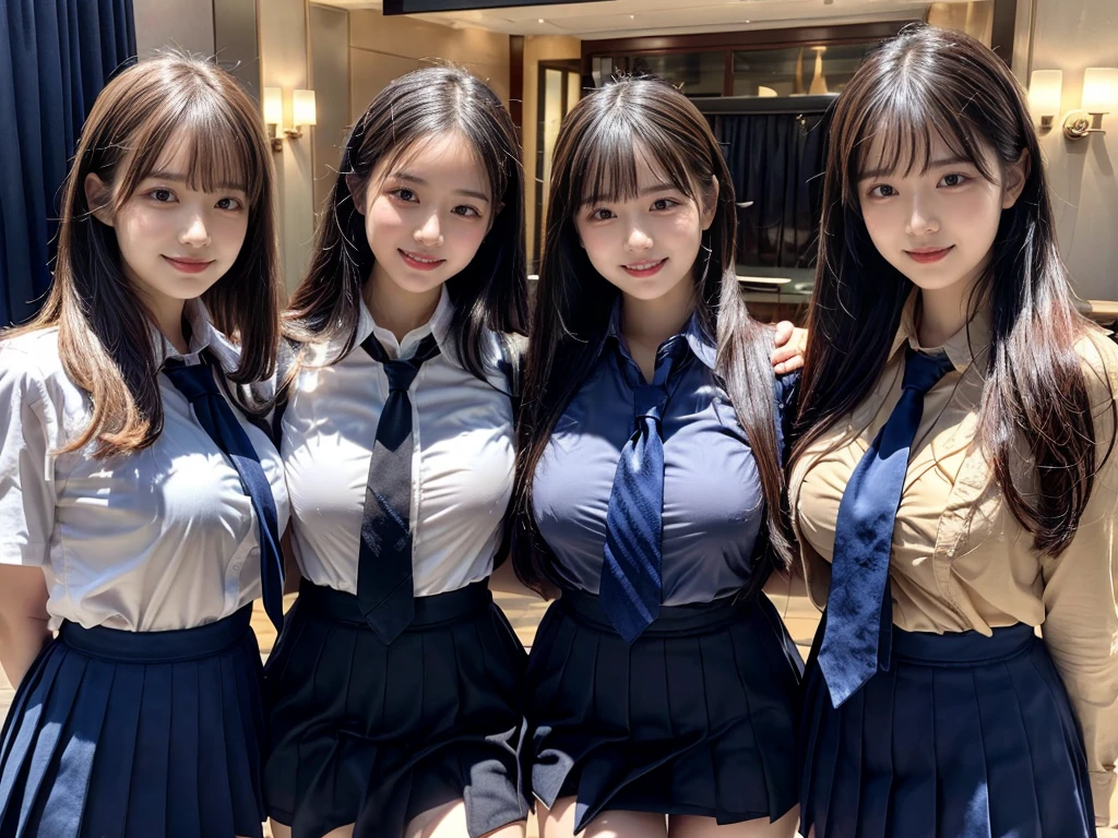 (8K, Raw photography, top-quality, masterpiece:1.2), ((3 beatiful girls))、.(Realistic Skins 1.4)、(((female high-school student、School Uniforms、)))、{{(The background is a luxury hotel room}}((School Uniforms、white Cutter shirt、darkblue pleatedskirt))、((long hair))、(A dark-haired、The forehead is hidden by bangs、)、Black eyes、shinny skin.Beautiful delicate face、Beautiful delicate eyes、{Voluptuous body shape、Thicker thighs}、One piercing in each ear、((smile:1.3)),((large breasts)), ((navy blue tie)) ,looking at camera, ((close up))