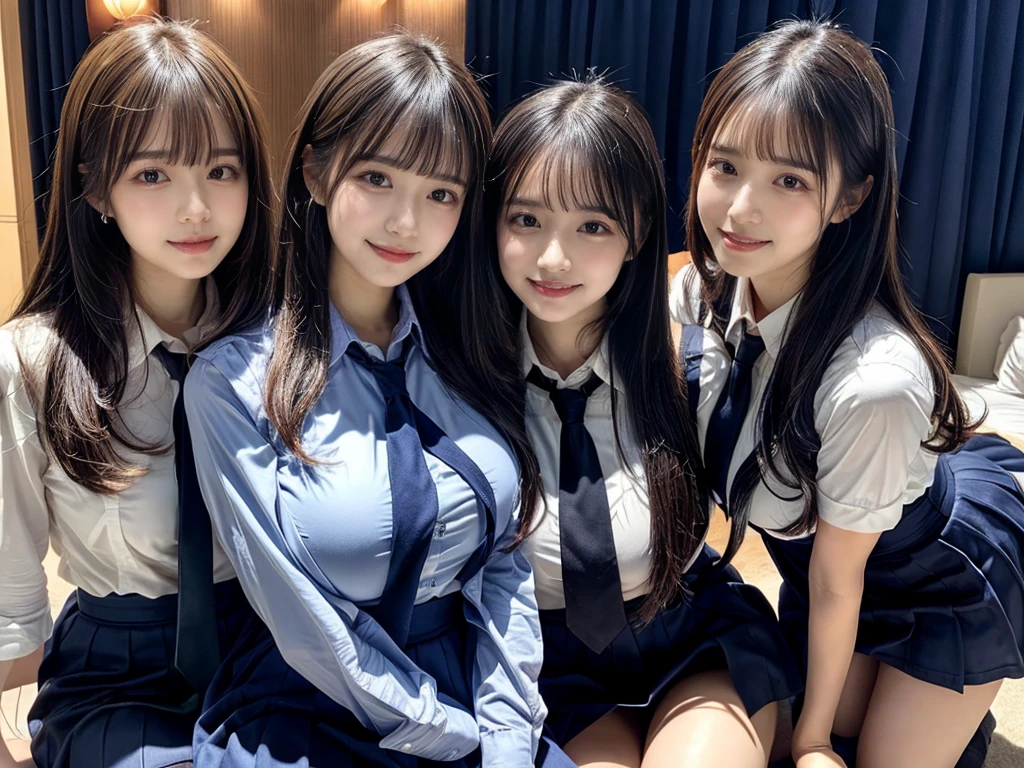 (8K, Raw photography, top-quality, masterpiece:1.2), ((3 beatiful girls))、.(Realistic Skins 1.4)、(((female high-school student、School Uniforms、)))、{{(The background is a luxury hotel room}}((School Uniforms、white Cutter shirt、darkblue pleatedskirt))、((long hair))、(A dark-haired、The forehead is hidden by bangs、)、Black eyes、shinny skin.Beautiful delicate face、Beautiful delicate eyes、{Voluptuous body shape、Thicker thighs}、One piercing in each ear、((smile:1.3)),((large breasts)), ((navy blue tie)) ,looking at camera, ((close up))