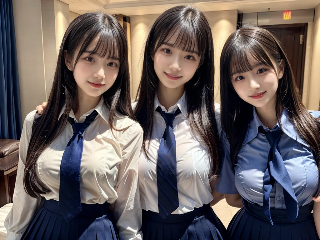(8K, Raw photography, top-quality, masterpiece:1.2), ((3 beatiful girls))、.(Realistic Skins 1.4)、(((female high-school student、School Uniforms、)))、{{(The background is a luxury hotel room}}((School Uniforms、white Cutter shirt、darkblue pleatedskirt))、((long hair))、(A dark-haired、The forehead is hidden by bangs、)、Black eyes、shinny skin.Beautiful delicate face、Beautiful delicate eyes、{Voluptuous body shape、Thicker thighs}、One piercing in each ear、((smile:1.3)),((large breasts)), ((navy blue tie)) ,looking at camera, ((close up))