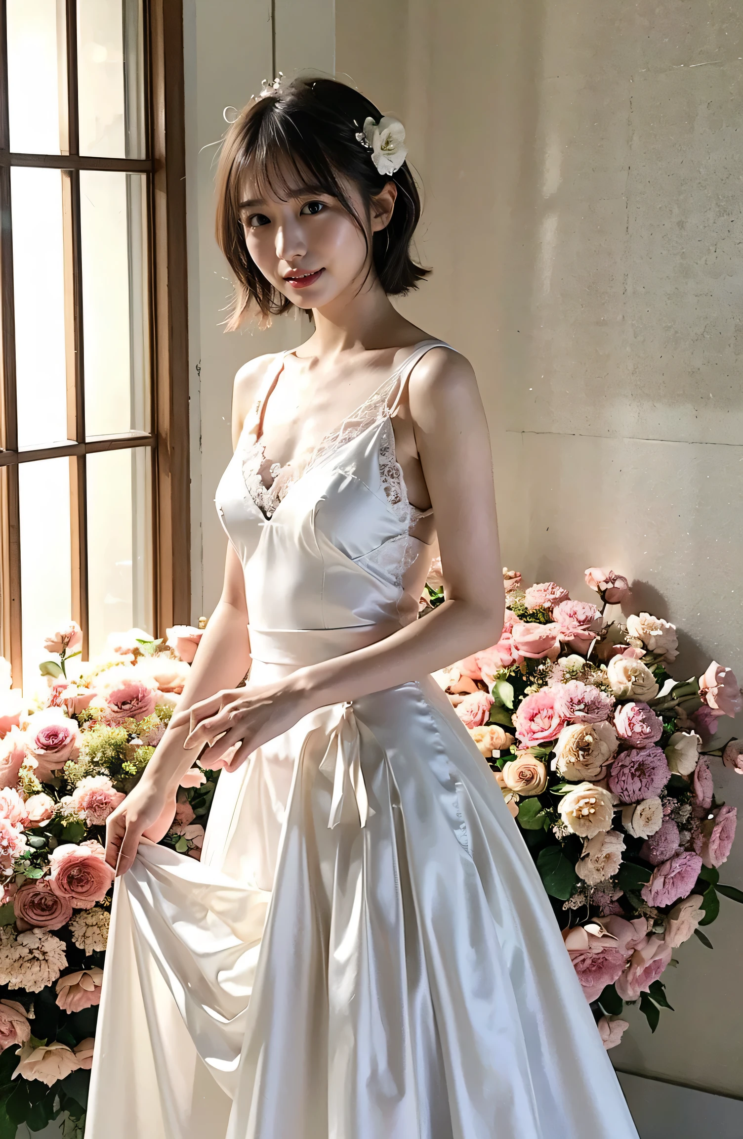 Big Smile、Holding a bouquet、A lovely smile、A luxurious white silk dress with lace、Stunning gardens、Colorful flowers々is blooming、White silk and shiny dress、A luxurious and elegant white wedding dress、Braided hair only for the bangs（（wedding ceremony:1.4））、Full body photo、smile、 Caustics、Highly detailed photos、Very beautiful eyeedium Short Hair、Large Breasts、Super no makeup、(8k、RAW Photos、highest quality、masterpiece:1.2)、(Realistic、Realistic)、1 girl、((Medium Short Hair、Looking into the camera:1.4))、
