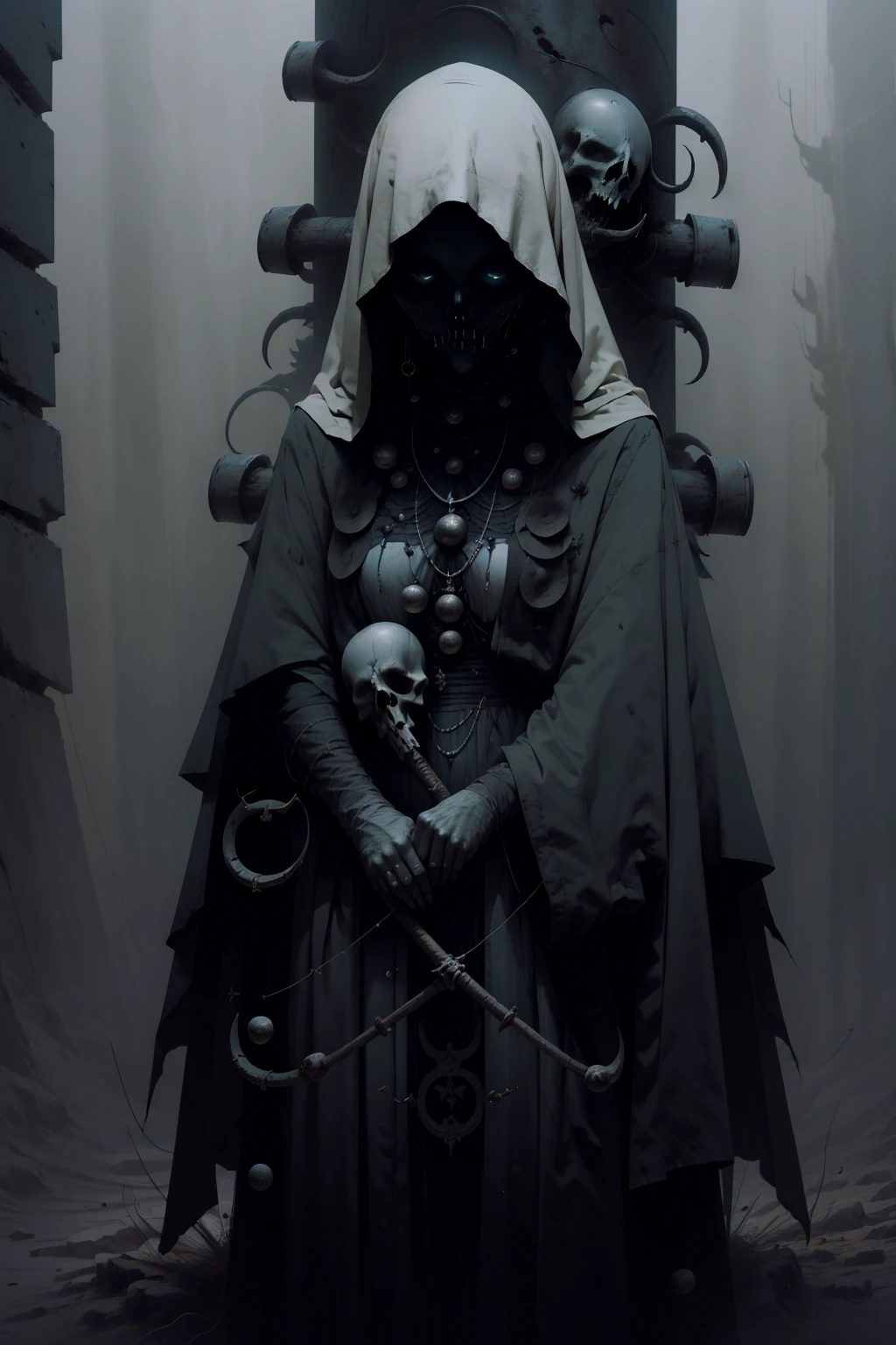 (best quality,highres),detailed reaper with scythe,ominous atmosphere,dark fantasy,gothic style,heavy shadows,misty fog,moonlit night,rustling leaves,sinister presence,mysterious figure,sharp sickle,hooded cloak,ethereal glow,ominous sky,chilling wind,ominous aura,gloomy setting,whispering echoes,haunting landscape,spectral beauty,color contrast,dramatic composition,spooky vibes,dark imagery.