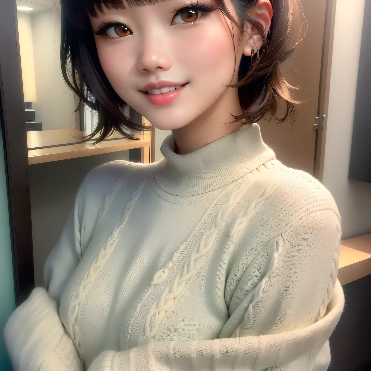 Close-up of a woman wearing a sweater taking a photo, Gorgeous Chinese Model, Beautiful Asian Girl, Girl cute beautiful face, Cute seductive smile, Japanese Model, Short hair, Korean Girls, Yoshitomo Nara, Young and pretty girl, Gorgeous Young Korean Woman, Beautiful Korean Women