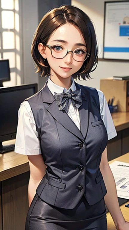 1 Woman Standing, office worker, reception, (White and grey checked vest:1.2) (Navy pencil skirt) bow tie, Glasseature Woman, /(short hair、Light brown hair、Blonde hair/) Beautiful forehead, A gentle blushing smile, (Masterpiece of the highest quality:1.2) Delicate illustrations, super detailed, Big Break (Modern office indoors), Cityscape of windows, Detailed Background