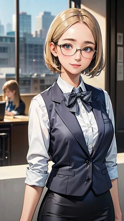 1 Woman Standing, office worker, reception, (White and grey checked vest:1.2) (Navy pencil skirt) bow tie, Glasseature Woman, /(short hair、Light brown hair、Blonde hair/) Beautiful forehead, A gentle blushing smile, (Masterpiece of the highest quality:1.2) Delicate illustrations, super detailed, Big Break (Modern office indoors), Cityscape of windows, Detailed Background