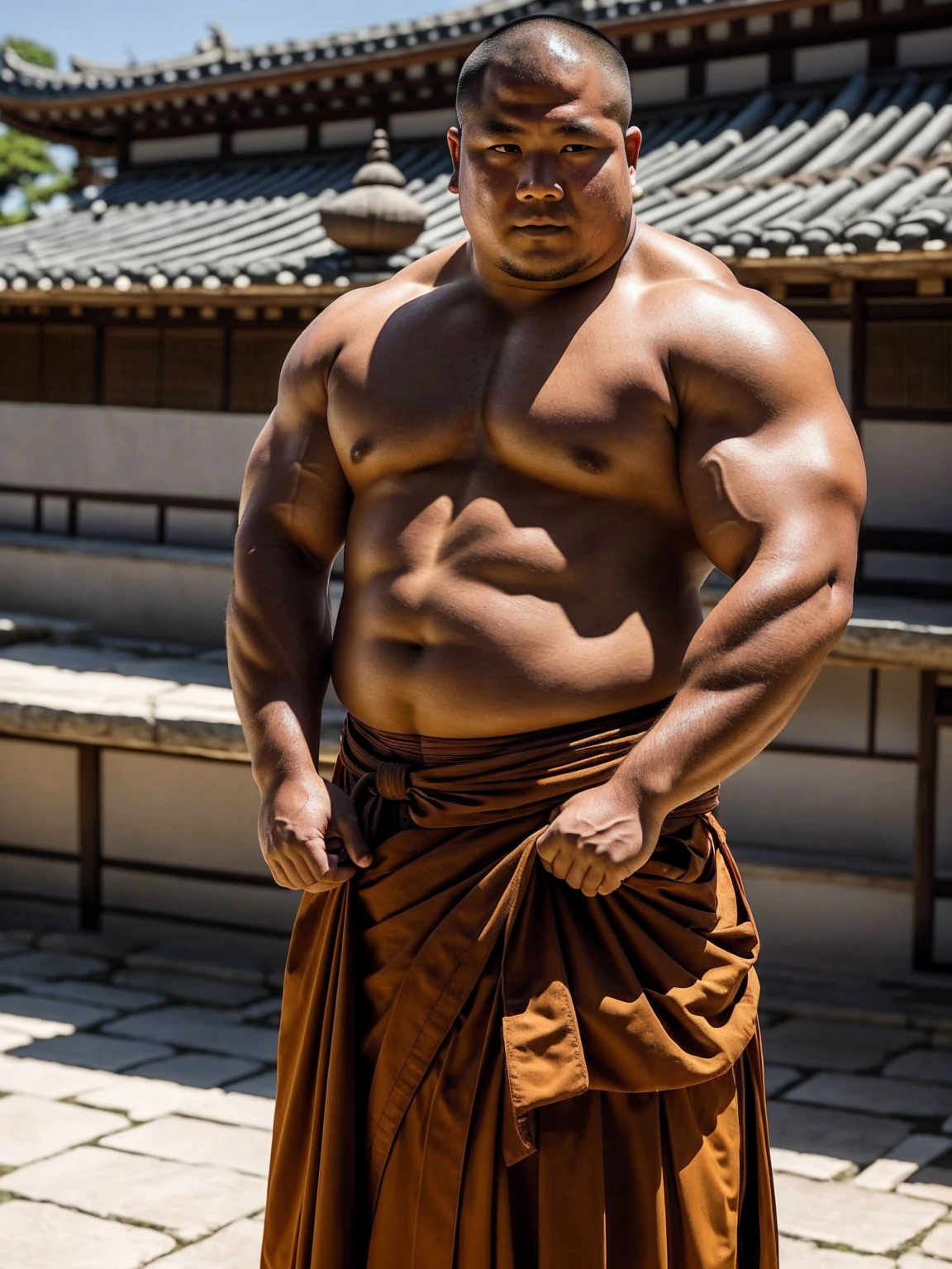 A young monk from ancient Japan, who looks like a bodybuilder like a sumo wrestler、He was standing there with a sunburned face and a haggard look on his face, Ancient Roman gladiator costume