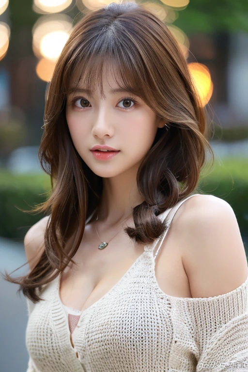 ((highest quality)), ((masterpiece)), (detailed), Perfect Face、Perfect body、Light brown hair、Beautiful Skin、Cleavage、girlfriend on date、Russian Beauty、(masterpiece:1.3), (8k, Photorealistic, Raw photo, Best image quality: 1.4), Japanese 、(Random Hairstyles:1.2)、Cleavage:1.2、Super detailed face、Attention to detail、double eyelid、Put your chest together、Sharp focus:1.2、Beautiful woman:1.4、Light brown hair、highest quality、masterpiece、超A high resolution、(Photorealistic:1.4)、非常にdetailedでプロフェッショナルな照明の笑顔、Loose, lightweight knitwear、Shoulders out、thin、Serious expression、Short-haired、Deadly position