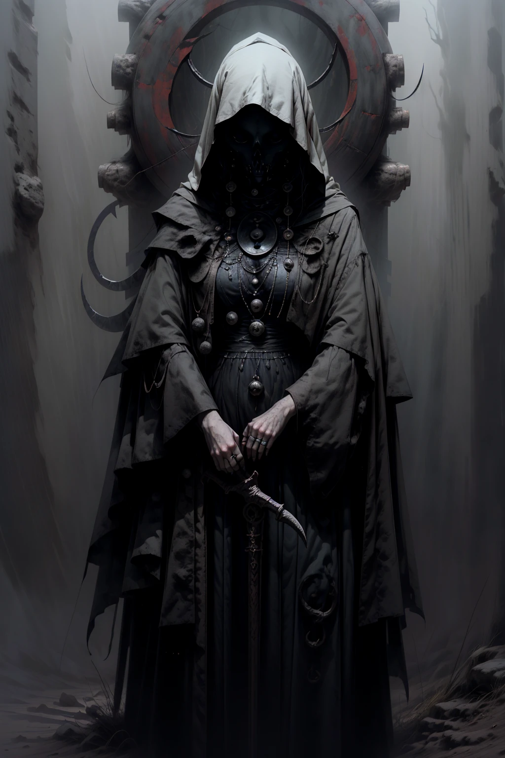 (best quality,highres),detailed reaper with scythe,ominous atmosphere,dark fantasy,gothic style,heavy shadows,misty fog,moonlit night,rustling leaves,sinister presence,mysterious figure,sharp sickle,hooded cloak,ethereal glow,ominous sky,chilling wind,ominous aura,gloomy setting,whispering echoes,haunting landscape,spectral beauty,color contrast,dramatic composition,spooky vibes,dark imagery.