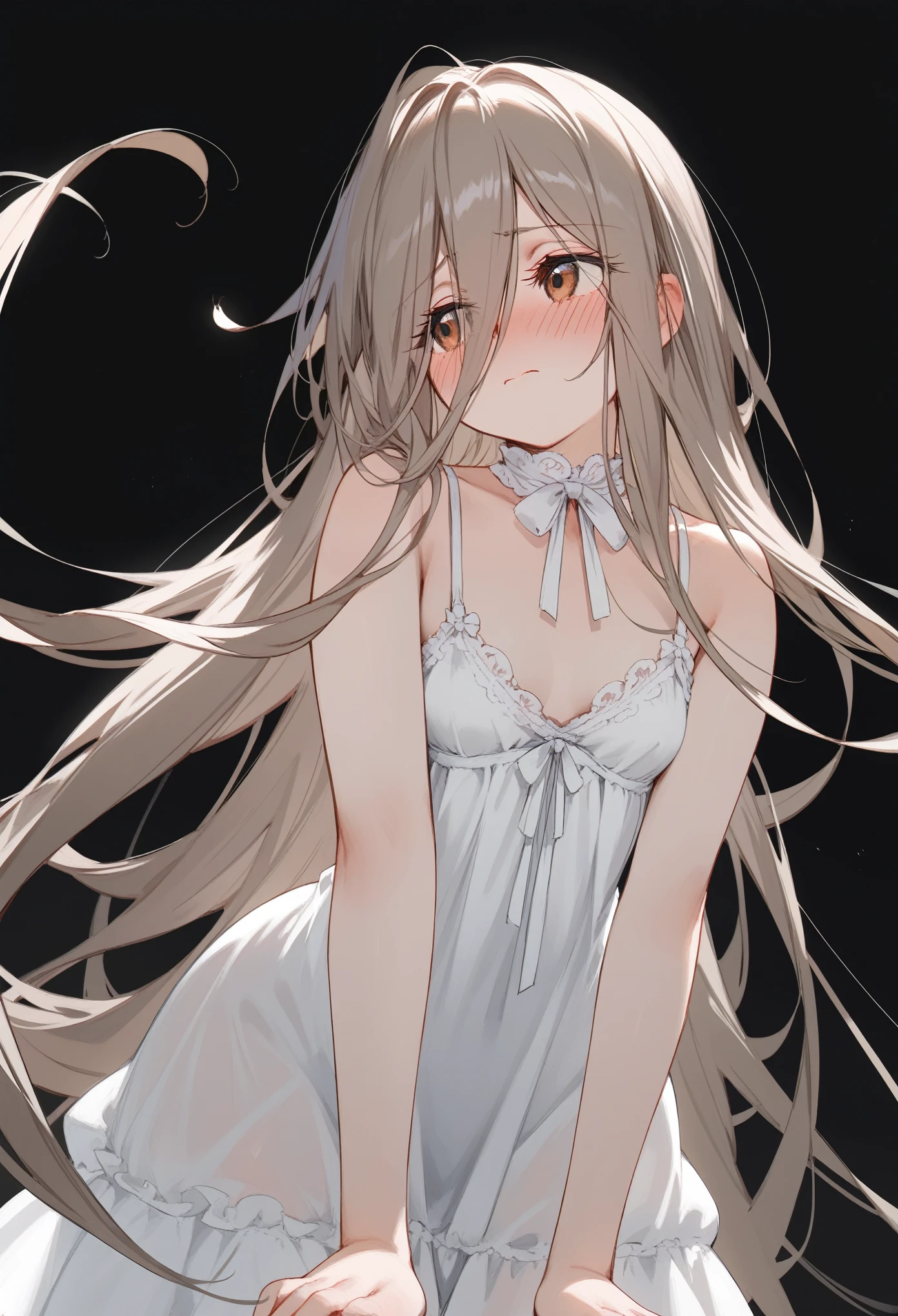 (score_9, score_8_up, score_7_up), 1girl, solo, sense \(sousou no frieren\), brown eyes, very long hair, absurdly long hair, hair between eyes, eyes visible through hair, white chemise dress, dress pull, small breasts, hair censoring, leaning forward, looking away, blush, embarrassed, from below, on top of viewer, black background, simple background,