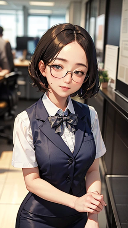1 Woman Standing, office worker, reception, (White and grey checked vest:1.2) (Navy pencil skirt) bow tie, Glasseature Woman, /(short hair、Light brown hair、Blonde hair/) Beautiful forehead, A gentle blushing smile, (Masterpiece of the highest quality:1.2) Delicate illustrations, super detailed, Big Break (Modern office indoors), Cityscape of windows, Detailed Background