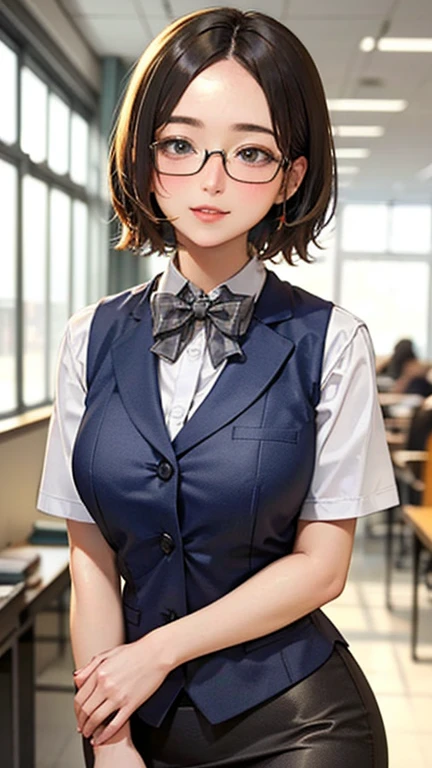 1 Woman Standing, office worker, reception, (White and grey checked vest:1.2) (Navy pencil skirt) bow tie, Glasseature Woman, /(short hair、Light brown hair、Blonde hair/) Beautiful forehead, A gentle blushing smile, (Masterpiece of the highest quality:1.2) Delicate illustrations, super detailed, Big Break (Modern office indoors), Cityscape of windows, Detailed Background