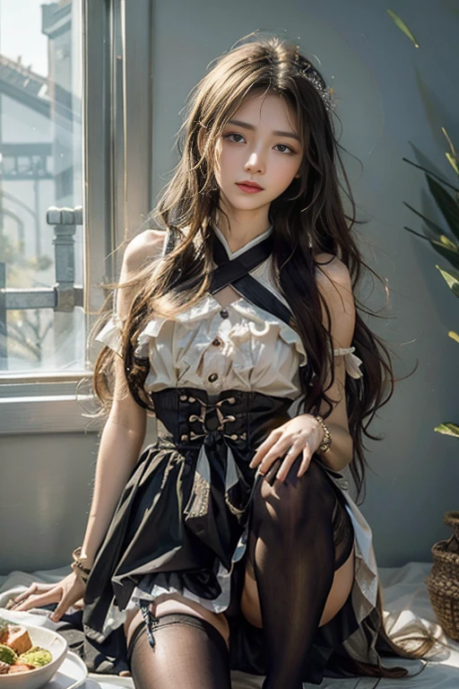 (masterpiece, best quality:1.2),Reality, high resolution, Soft Light,1 Woman, Solitary, Hip lift, View Viewer, (Delicate face), long hair, beautiful girl, Hanfu, east asian architecture,scabbard,architecture, Black over-the-knee stockings, Large Breasts,long hair, Upper Body, Jewelry, Extra long ribbon, legs open