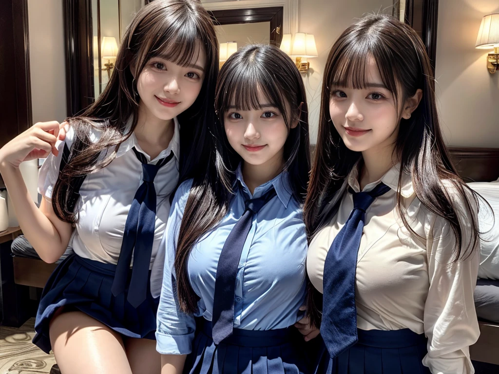 (8K, Raw photography, top-quality, masterpiece:1.2), ((3 beatiful girls))、.(Realistic Skins 1.4)、(((female high-school student、School Uniforms、)))、{{(The background is a luxury hotel room}}((School Uniforms、white Cutter shirt、darkblue pleatedskirt))、((long hair))、(A dark-haired、The forehead is hidden by bangs、)、Black eyes、shinny skin.Beautiful delicate face、Beautiful delicate eyes、{Voluptuous body shape、Thicker thighs}、One piercing in each ear、((smile:1.3)),((large breasts)), ((navy blue tie)) ,looking at camera, ((close up))