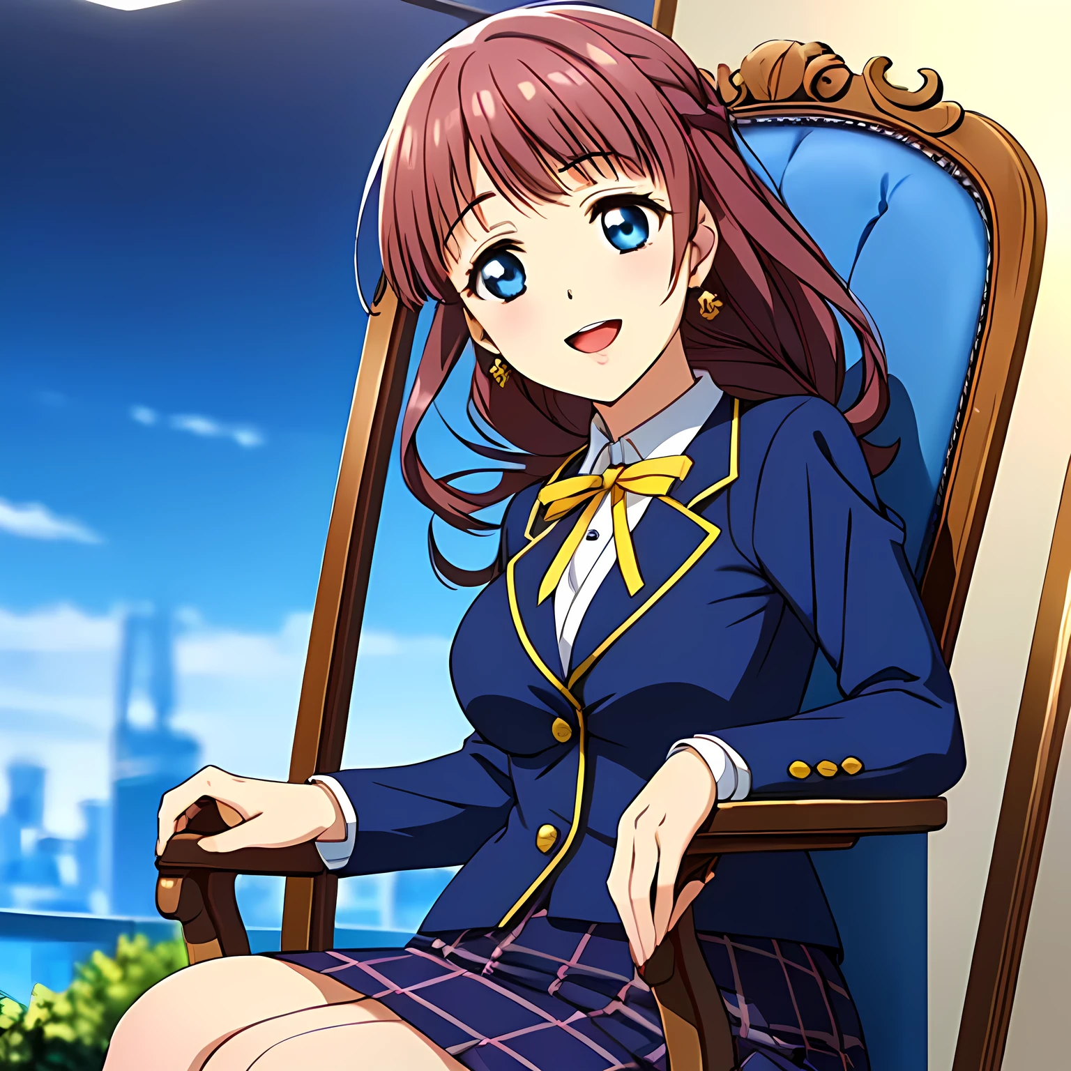 highest quality, (masterpiece:1.2), Very detailed, ((((Game CG)))), ((((A portrait by Renoir of a very noble lady in a , sitting in a chair, in profile.)))), ((The girl everyone loves)), (((((Very beautiful, wavy, long flaxen hair))))), ((((Navy blue blazer)))), ((((Elegant dark navy blue checked skirt)))), ((((Very beautiful and shining eyes)))), ((Very long eyelashes)), A big white ribbon on the chest, ((A refined and elegant look like a noble princess)), (((Beautiful and great smile))), Small face and great posture, ((Give the viewer a heavenly feeling of happiness)), (((Blur the background))), ((Very noble and elegant face)), ((Slender and shapely breasts)), (((laughing at me with pity!))), The background is a wall covered in deep green ivy., Gold hair ornament and earrings, ((The elegant, slightly open mouth and glossy lips of an anime heroine)), A strong wind is blowing