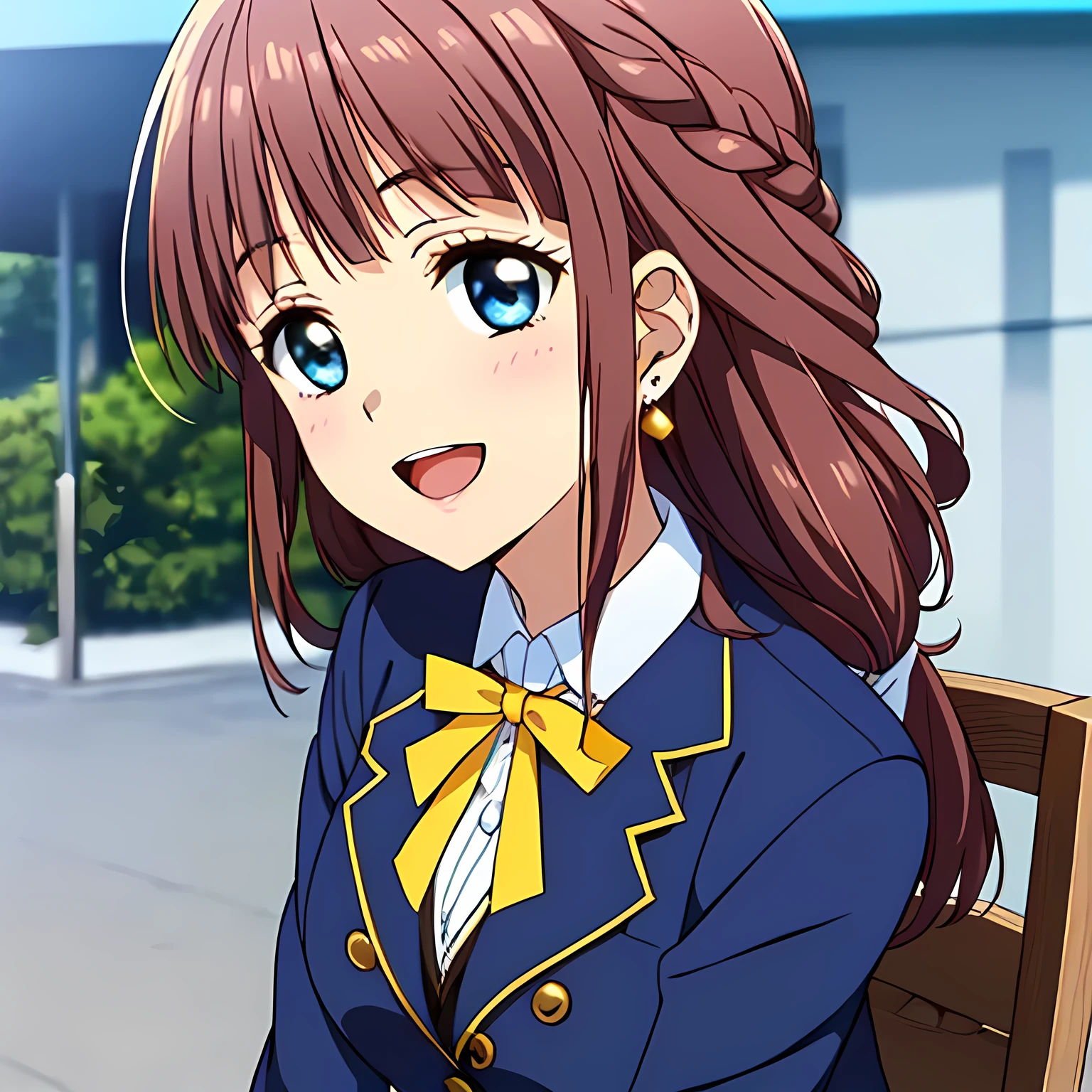 highest quality, (masterpiece:1.2), Very detailed, ((((Game CG)))), ((((A portrait by Renoir of a very noble lady in a , sitting in a chair, in profile.)))), ((The girl everyone loves)), (((((Very beautiful, wavy, long flaxen hair))))), ((((Navy blue blazer)))), ((((Elegant dark navy blue checked skirt)))), ((((Very beautiful and shining eyes)))), ((Very long eyelashes)), A big white ribbon on the chest, ((A refined and elegant look like a noble princess)), (((Beautiful and great smile))), Small face and great posture, ((Give the viewer a heavenly feeling of happiness)), (((Blur the background))), ((Very noble and elegant face)), ((Slender and shapely breasts)), (((laughing at me with pity!))), The background is a wall covered in deep green ivy., Gold hair ornament and earrings, ((The elegant, slightly open mouth and glossy lips of an anime heroine)), A strong wind is blowing