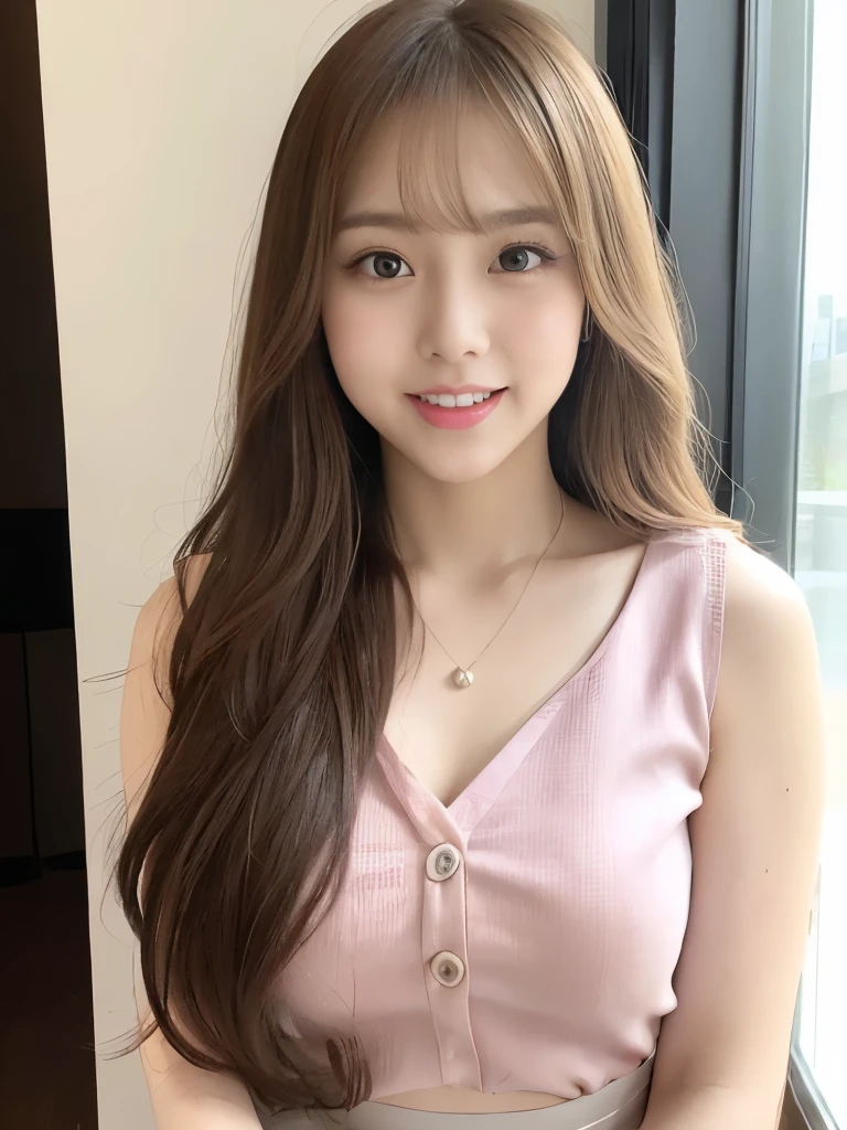 A beautiful Japanese shy girl, age 18 years old, long brown hair, brown big eyes, light pink shiny lip, shiny hair, ecstatic expression, wearing sleeveless front button black blouse, mini skirt, The background is very blurry, wearing high heels, A photo showing the whole body, in front of huge window, wearing neckless,