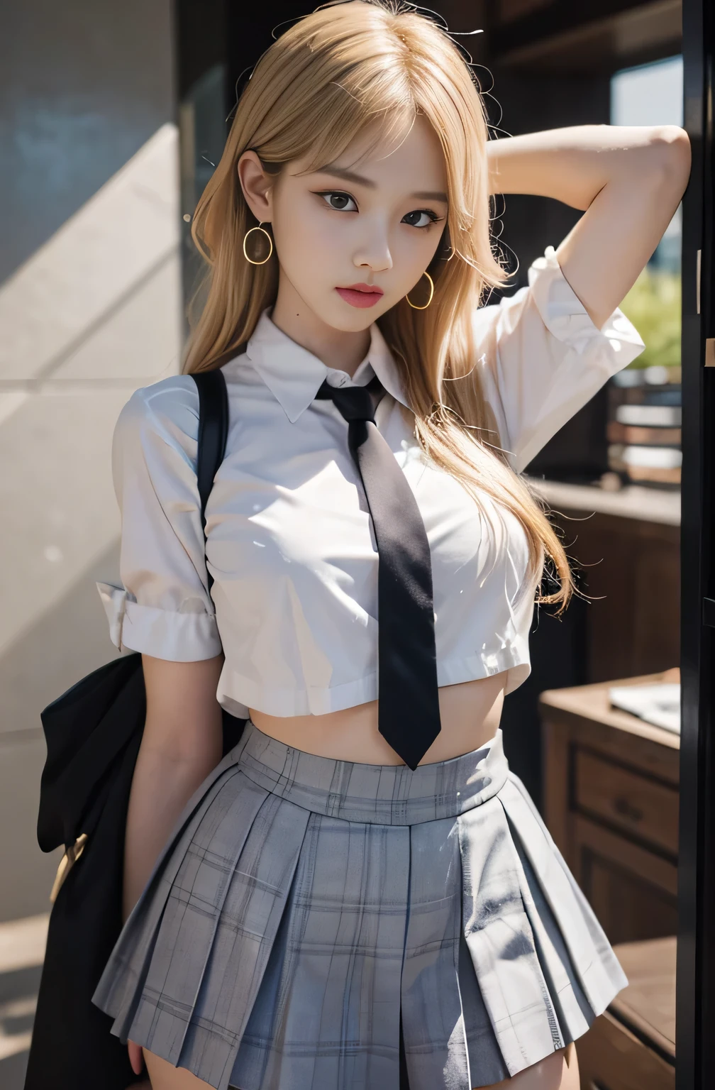 Gray eyes, Korean , Summer shirts, Ribbon Tie, skirt, Bright Blonde,  Chest push pose,, 8K original image, high resolution, 16 year old Korean guy is so handsome, round, Full breasts, Beautiful eye details, Long eyelashes, Beautiful double eyelids, Eyeshadow, Eyeliner, Slender eyes, Elongate the eye shape, Three white eyes, Evil smile, Express, Very beautiful and long legs, Beautiful and slender thighs, random hit, hair tied behind the head, earrings,Random Location，Random Direction Photos，Random Clothing，Enlarged breasts，Random pose