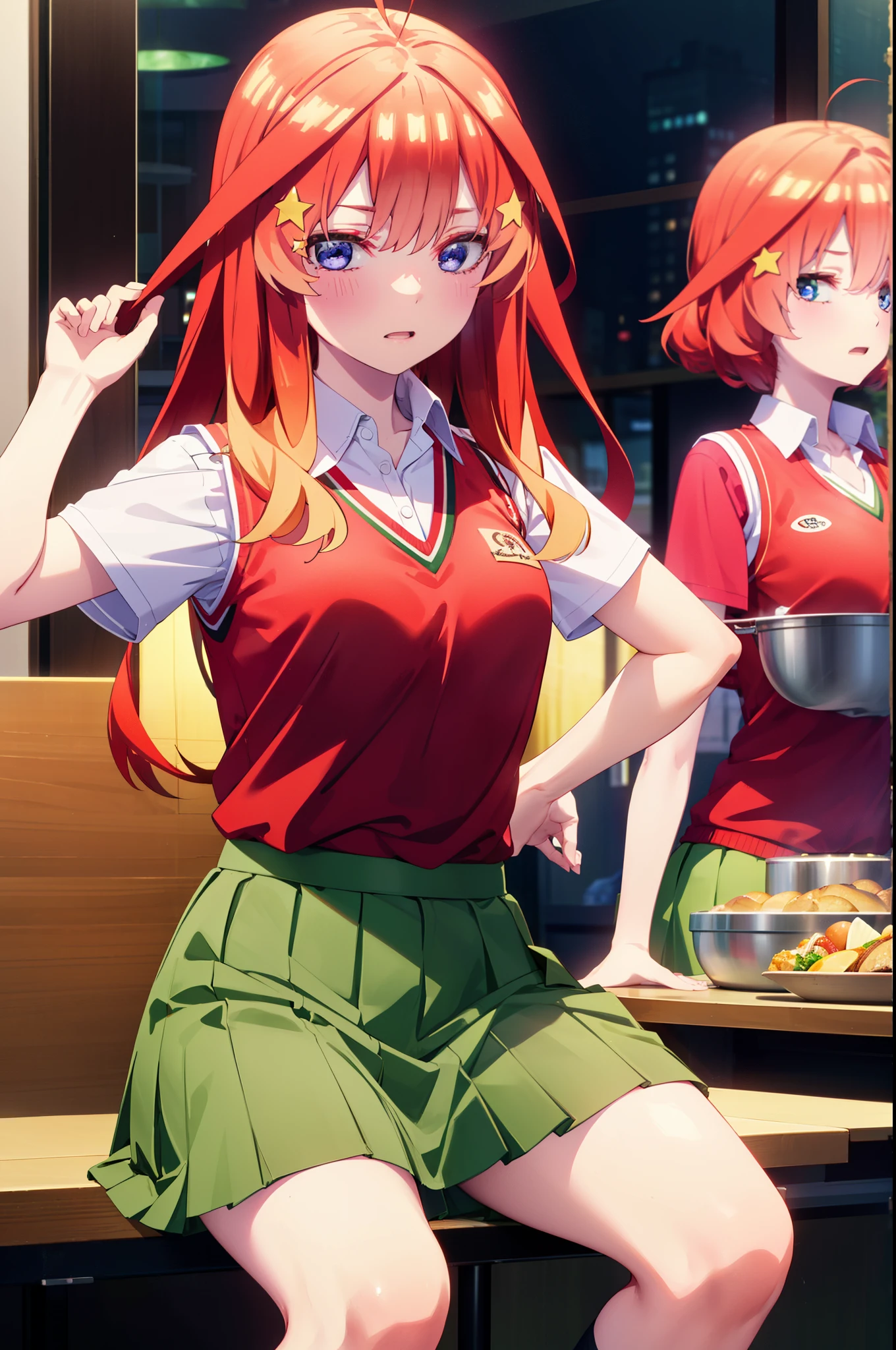 itsukinakano, Itsuki Nakano, bangs, blue eyes, Hair between the eyes, Ahoge, Redhead, star \(symbol\), hair ornaments, star hair ornaments,
break skirt, shirt, , clavicle, white shirt, Short sleeve, Pleated skirt, socks, collared shirt, mini skirt, Knee-high, white socks, (Green Skirt:1.5), Sweater vest, (red Sweater vest:1.5),Brown loafers,There is a lot of food on the table,Viking,buffet,whole bodyがイラストに入るように,
break looking at viewer, whole body,
break indoors, restaurant,crowd, people々々々,
break (masterpiece:1.2), highest quality, High resolution, unity 8k wallpaper, (shape:0.8), (Beautiful details:1.6), Highly detailed face, Perfect lighting, Extremely detailed CG, (Perfect hands, Perfect Anatomy),