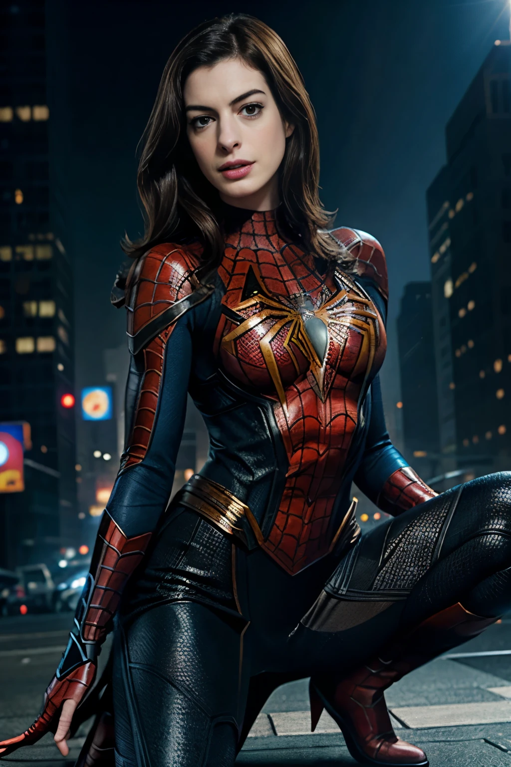 Anne Hathaway、Crouching、Marvel Comics Movie Poster, Very beautiful, movies about spiderman, sexy, whole body, I'm wearing a skirt、premiere date, Poster、belly buttonを突き出す、new york、she's wearing a torn spiderman suit,the suit is torn、wearing a skirt、 red and black color scheme,dynamic、masterpiece、highest quality、Ultra-detailed、Very detailed、A delicate and beautiful shine、超A high resolution、Cinematic,Break,Breakdrop,(Torn clothes:1.5), (Wet clothes:1.4), Bare shoulders,Real Rain,Wet Hair,belly button、Exposing Skin、Showing off her sexy shoulders