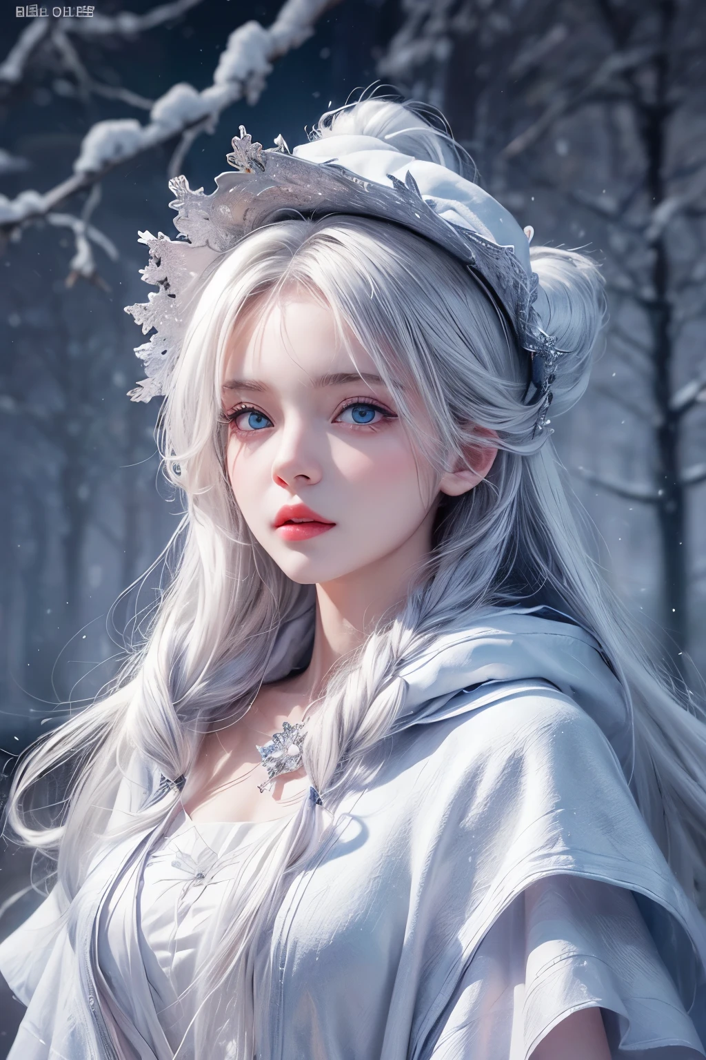 Practical, high resolution, 1 female, Solitary, (Lolita clothing)，Luxury Clothing，For the audience，Upper Body，Upper limbs， beautiful eyes, white hair, ringed eyes, (external，heavy snow，Cloak，Covered with snow)，Snowfield，blue eyes，Top quality illustrations，Detailed facial features