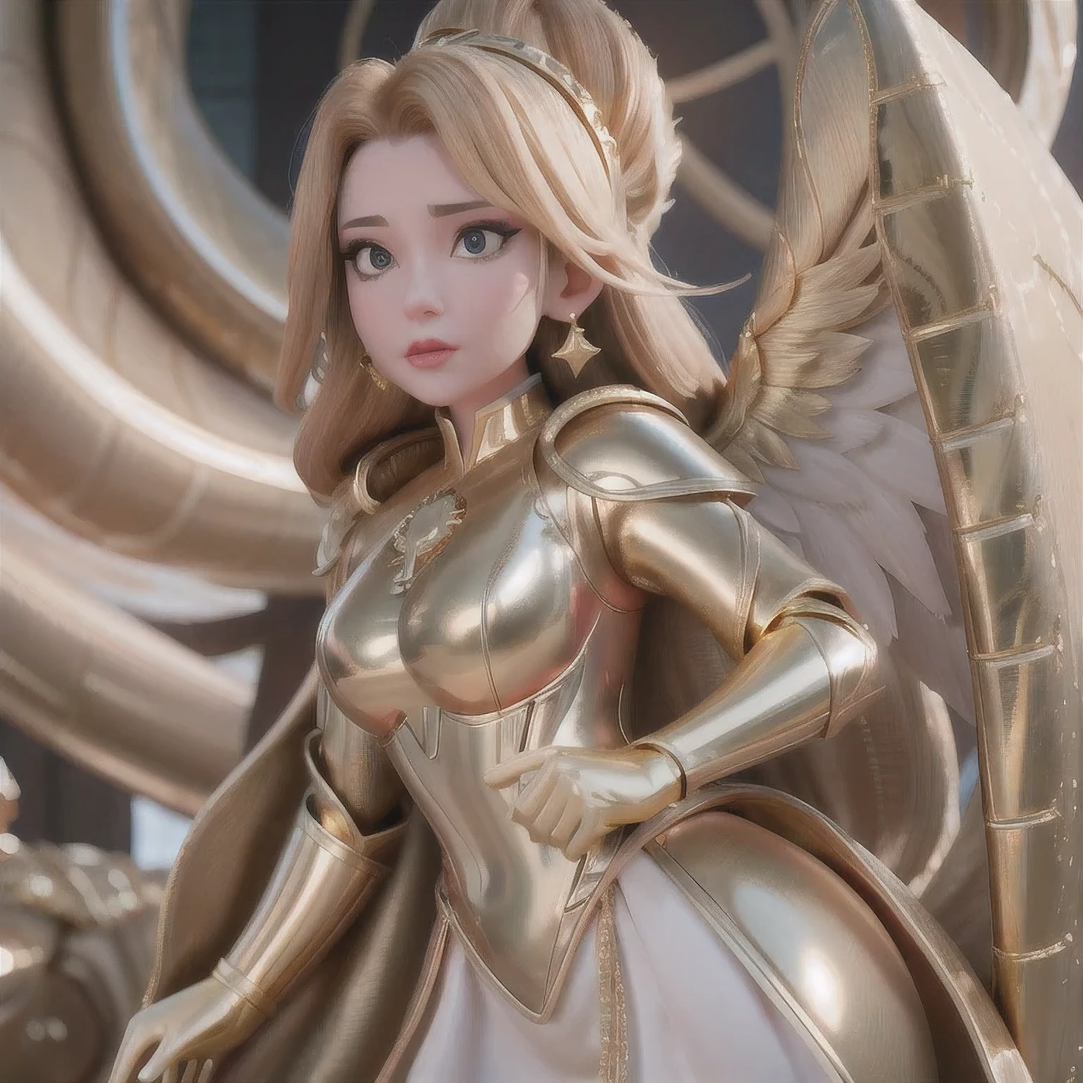 arafed woman in a gold space suit posing for a picture, gold sci - fi armour, golden armor, cinematic goddess body shot, gold heavy armor. dramatic, body golden armor, gold body, sleek gold armor, gold armor, golden armour, angelic golden armor, elegant gold body, artgerm julie bell beeple, golden armor with diamonds