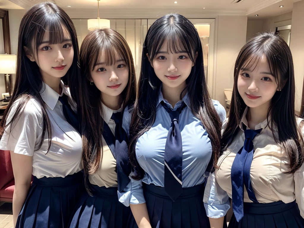 (8K, Raw photography, top-quality, ​masterpiece:1.2),  ((3 beatiful girls))、.（Realistic Skins 1.4）、（（（female high-school student、School Uniforms、）））、{{‎(The background is a luxury hotel room}}（（School Uniforms、white Cutter shirt、darkblue pleatedskirt))、（(long hair)）、（A dark-haired、The forehead is hidden by bangs、）、Black eyes、shinny skin.Beautiful delicate face、Beautiful delicate eyes、｛Voluptuous body shape、Thicker thighs｝、One piercing in each ear、((smile:1.3)),((large breasts)), ((navy blue tie)) ,looking at camera, ((close up))