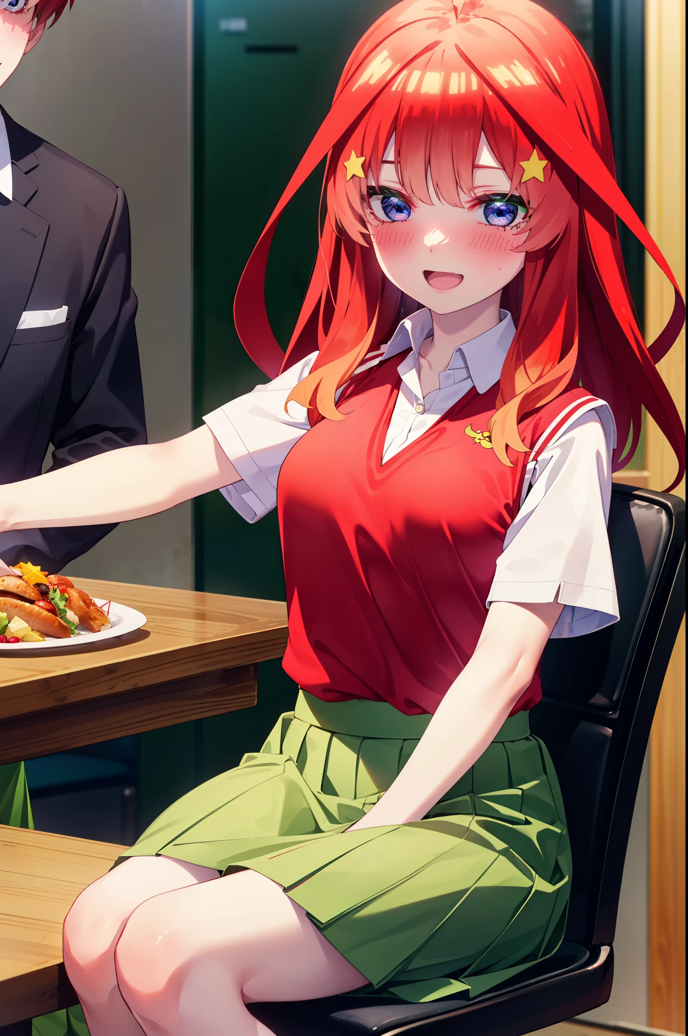 itsukinakano, Itsuki Nakano, bangs, blue eyes, Hair between the eyes, Ahoge, Redhead, star \(symbol\), hair ornaments, star hair ornaments,happy smile, smile, Open your mouth,blush,
break skirt, shirt, , clavicle, white shirt, Short sleeve, Pleated skirt, socks, collared shirt, mini skirt, Knee-high, white socks, (Green Skirt:1.5), Sweater vest, (red Sweater vest:1.5),Brown loafers,There is a lot of food on the table,Viking,buffet,whole bodyがイラストに入るように,
break looking at viewer, whole body,
break indoors, restaurant,crowd, people々々々,
break (masterpiece:1.2), highest quality, High resolution, unity 8k wallpaper, (shape:0.8), (Beautiful details:1.6), Highly detailed face, Perfect lighting, Extremely detailed CG, (Perfect hands, Perfect Anatomy),