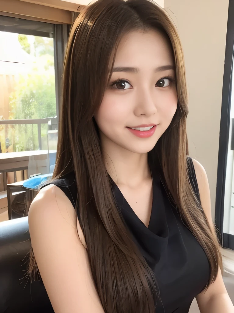 A beautiful Japanese shy girl, age 18 years old, long brown hair, brown big eyes, shiny lip, shiny hair, ecstatic expression, wearing sleeveless high neck black blouse, The background is very blurry, in living room,