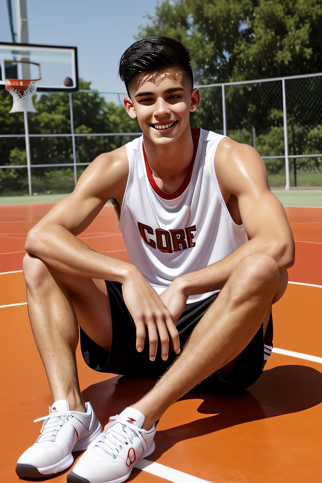 a lean skinny shirtless 18-year old caucasian boy wearing white basketball shorts, red and black rubber shoes, undercut black hair, cute face, brown eyes, tanned skin, smiling, drenched with sweat, sweating profusely, sitting on the floor in the outdoor basketball court