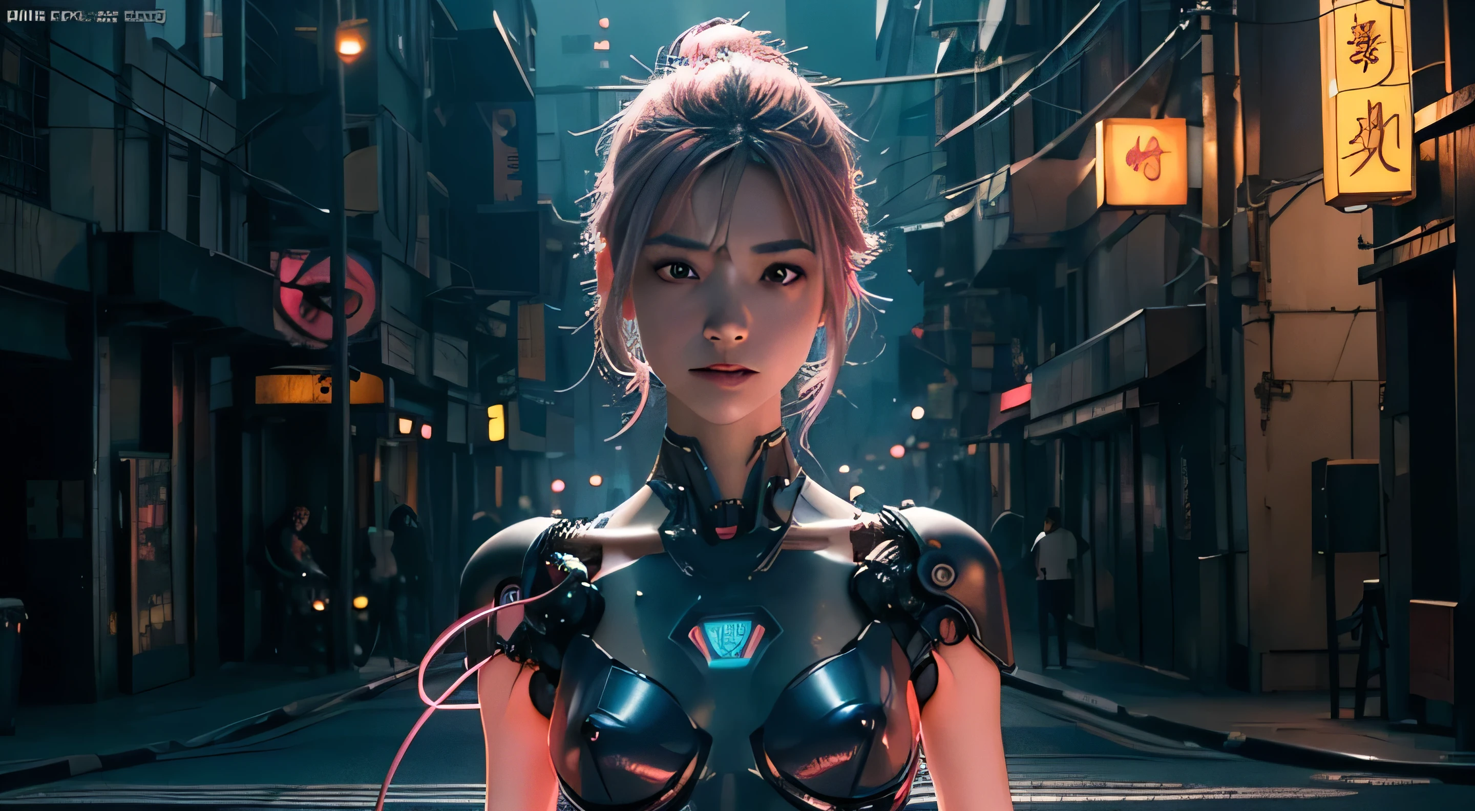 Top quality, Masterpiece, Ultra-high resolution, ((Photorealistic: 1.4), RAW photos, 1 Cyberpunk Girl, blue and pink hair, Glowing skin, 2 mechanical girls, (Ultra-realistic details)), Global Illumination, Deep shadows, Octane Rendering, 8K, Super sharp, metal, Intricate Ornament Details, Egyptian details, Very intricate details, Realistic light, CG Trends, Facing the camera, Neon light details, Mechanical limbs, Tubes attached to mechanical parts, Mechanical vertebrae attached to the back, mechanical cervical attachment to the neck, Wires and cables connected to the head, Evangelion, Small luminous lamps, Umbrella in hand, (Dazzling cyberpunk city streets in the background).