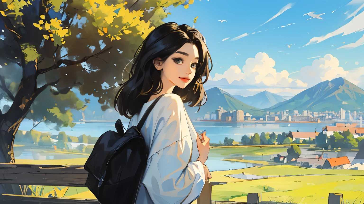 Best quality, ultra-detailed, realistic masterpiece depicting a beautiful girl  black hair. She is portrayed with a happy expression, captivating viewers with her detailed and realistic eyes. The scene is set outdoors in the morning, with a soft green landscape surrounding the girl. In the distance, a vibrant cityscape adorned with sky blue colors and majestic mountains can be seen. The girl is looking directly at the viewer, establishing a connection. The painting exudes a sense of tranquility and serenity, with every detail meticulously crafted to perfection.
