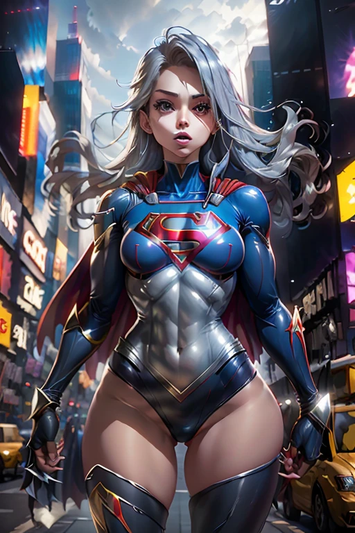 Supergirl, realistic detailed features, long flowing hair, confident and powerful stance, vibrant costume, intense sky in the background, dynamic lighting and shadows, comic book style, vivid colors