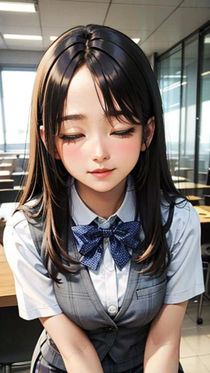 1 Woman Standing, office worker, reception, (White and grey checked vest:1.2) (Navy pencil skirt) bow tie, Glasseature Woman, /(Mid-length hair、Light brown hair、Blonde hair/) Beautiful forehead, A gentle blushing smile, (Masterpiece of the highest quality:1.2) Delicate illustrations, super detailed, (Modern office indoors), Cityscape of windows, Detailed Background
