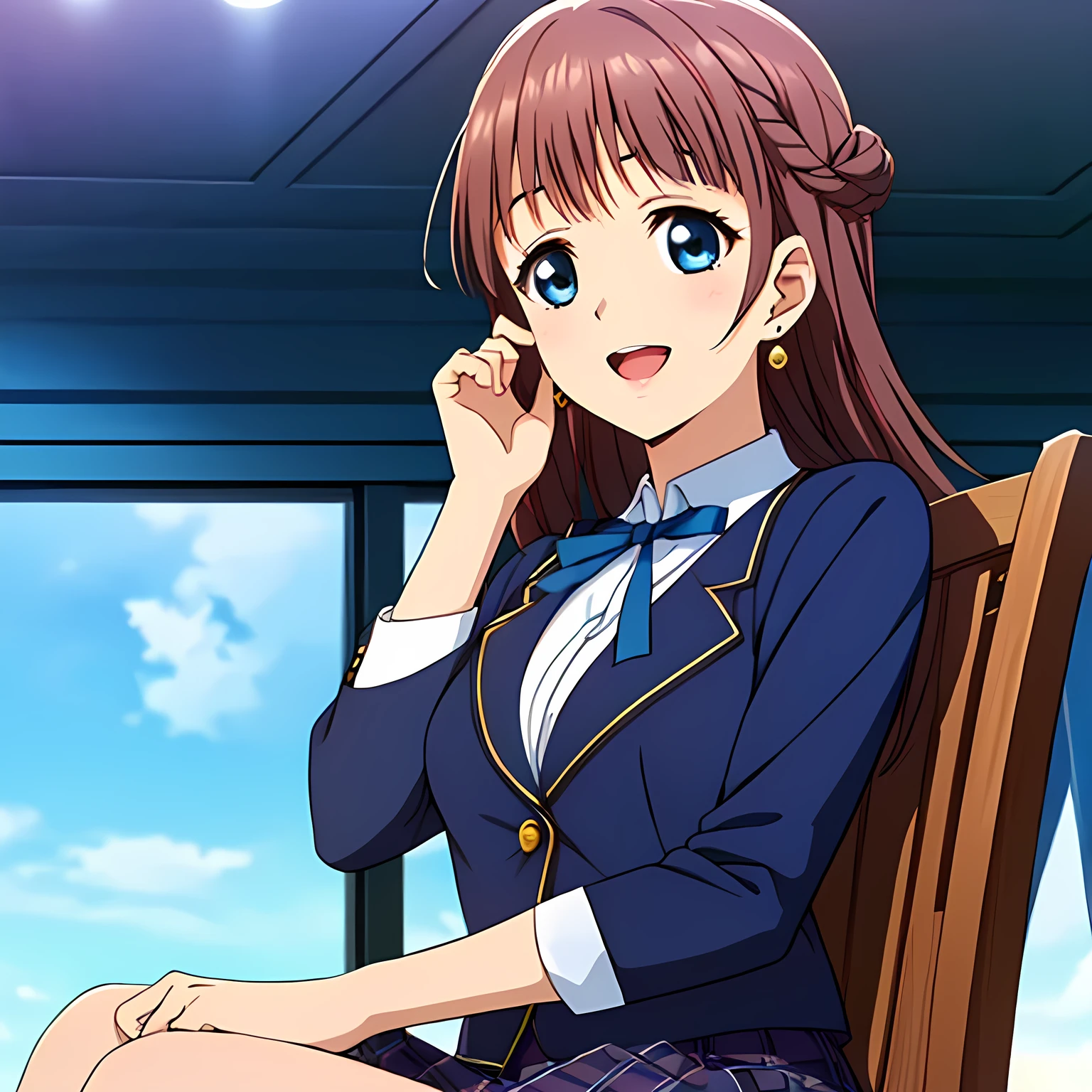 highest quality, (masterpiece:1.2), Very detailed, ((((Game CG)))), ((((A portrait by Renoir of a very noble lady in a , sitting in a chair, in profile.)))), ((The girl everyone loves)), (((((Very beautiful, wavy, long flaxen hair))))), ((((Navy blue blazer)))), ((((Elegant dark navy blue checked skirt)))), ((((Very beautiful and shining eyes)))), ((Very long eyelashes)), A big white ribbon on the chest, ((A refined and elegant look like a noble princess)), (((Beautiful and great smile))), ((Small face and great posture)), ((Give the viewer a heavenly feeling of happiness)), (((Blur the background))), ((Very noble and elegant face)), ((Slender and shapely breasts)), (((laughing at me with pity!))), The background is a wall covered in deep green ivy., Gold hair ornament and earrings, ((The elegant, slightly open mouth and glossy lips of an anime heroine)), A strong wind is blowing