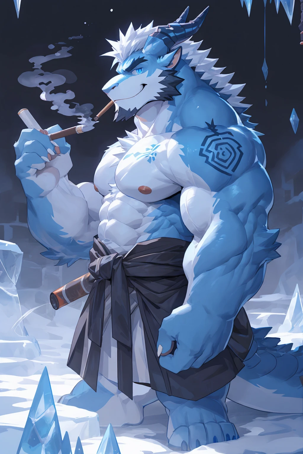 male focus, Handsome 1boy, solitary，protrait photo，single, (White nails, 白色的Dragon Claw:1.2), Long white hair, Blue skin, Blue Tail, (Black dragon horn:1.2), White beard, Light blue tattoo, (Perfect blue eyes, Blue body, Blue scales, Blue ears:1.3), 
Oriental Dragon, dragon, dragon boy, dragon body, feet, (big eyes, large eyes:1.3), Dragon Tail, Dragon Tattoo, Dragon Scale, Dragon Beard, Dragon's foot, Dragon Claw, (Topless:1.3), Bare neck, 
Chinese clothes, Black robe, Hanfu, Barefoot, There is a blue pattern on the clothes, (Topless:1.3), 
full body, Mature men, (muscle,Strong male, muscle男, Bare chest muscles:1.1), Red nipples, (Abdominal muscles:1.4), belly button, Thick thighs, Standing, Looking at the audience, Focus, Eyes gaze, (evil smile, evil grin:1.1), (Blowing smoke, Pipe in hand:1.2), 
full background, (ice, ice窟, arena, maze:1.1),
Mysterious and romantic atmosphere, Caustic lines(refraction, polarization)Perfect anatomical structure, absurd, Detailed background, Delicate eyes,Printing style。（artist:Takemoto Arashi）