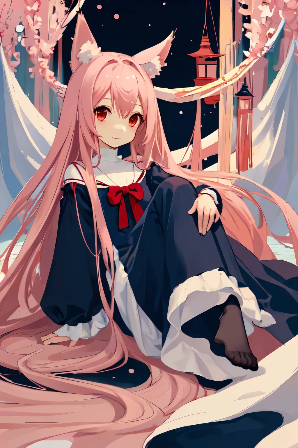 Absurd, One girl, Red eyes, Animal Ears, Long Hair, Pink Hair, Eyes Wide Open, eyelash, View Viewer, twitchemotional expression, Upper Body, Beautiful background, Elegant long white and navy dress, feet, Little, emotional expression, In-person audience, (:3:1.0), blush