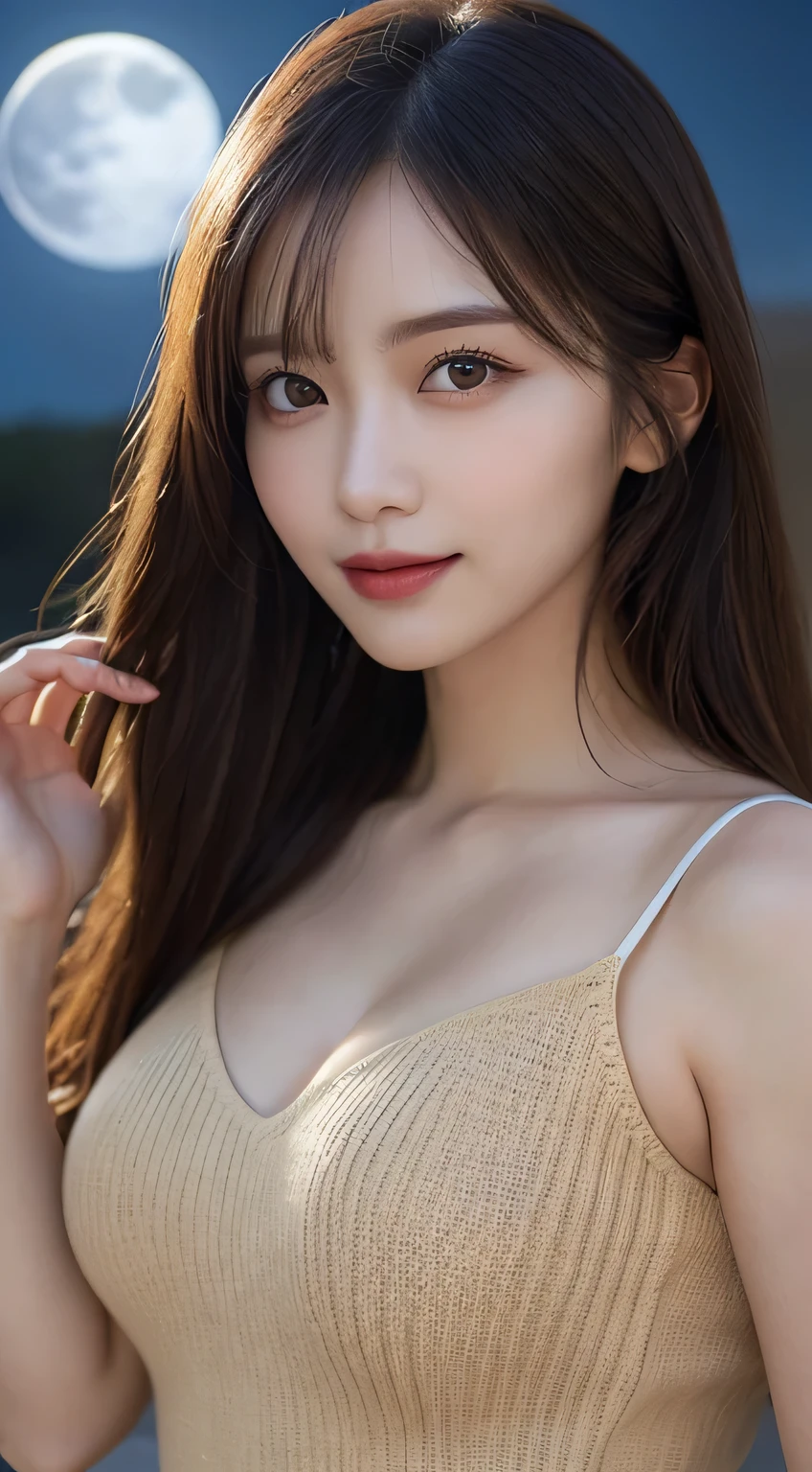 Body portrait, 8K, thin and beautiful eyes, Dindal effect, masterpiece, top quality, high quality, high resolution, very detailed photo, (natural skin texture, fine skin, hyper realism, super sharpness), high detail skin, (very fine, fine skin texture, intricate details, beautiful face, (realistic face), realistic eyes, beautifully detailed eyes, realistic skin, beautiful skin, surreal, very detailed Golden ratio, smiling eyes, ((night moonlight background) )), body portrait, G cup, big breasts, huge breasts, big breasts, glamorous, sexy knit dress,