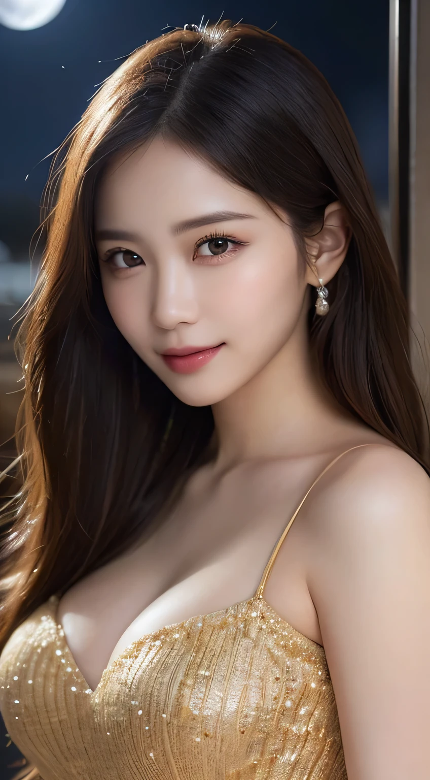 Body portrait, 8K, thin and beautiful eyes, Dindal effect, masterpiece, top quality, high quality, high resolution, very detailed photo, (natural skin texture, fine skin, hyper realism, super sharpness), high detail skin, (very fine, fine skin texture, intricate details, beautiful face, (realistic face), realistic eyes, beautifully detailed eyes, realistic skin, beautiful skin, surreal, very detailed Golden ratio, smiling eyes, ((night moonlight background) )), body portrait, G cup, big breasts, huge breasts, big breasts, glamorous, sexy knit dress,