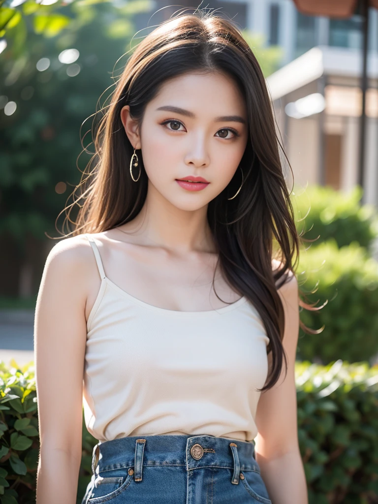 Fashion trendy beautiful and charming woman, gentle and charming Chinese beautiful woman, delicate and sexy collarbone, charming oval face, double eyelids, smart peach blossom eyes, pink lips, small nose, bare shoulders, focus on the face, close-up of the face, Ultra-high-definition, super-detailed, full-body photo, ultra-thin and light-transmitting, with this light blue denim skirt and beige T-shirt, the gentle light-colored matching makes the skin white and beautiful, and the temperament is outstanding, plus the whole matching is elastic The combination also shows the figure, and can be seen through