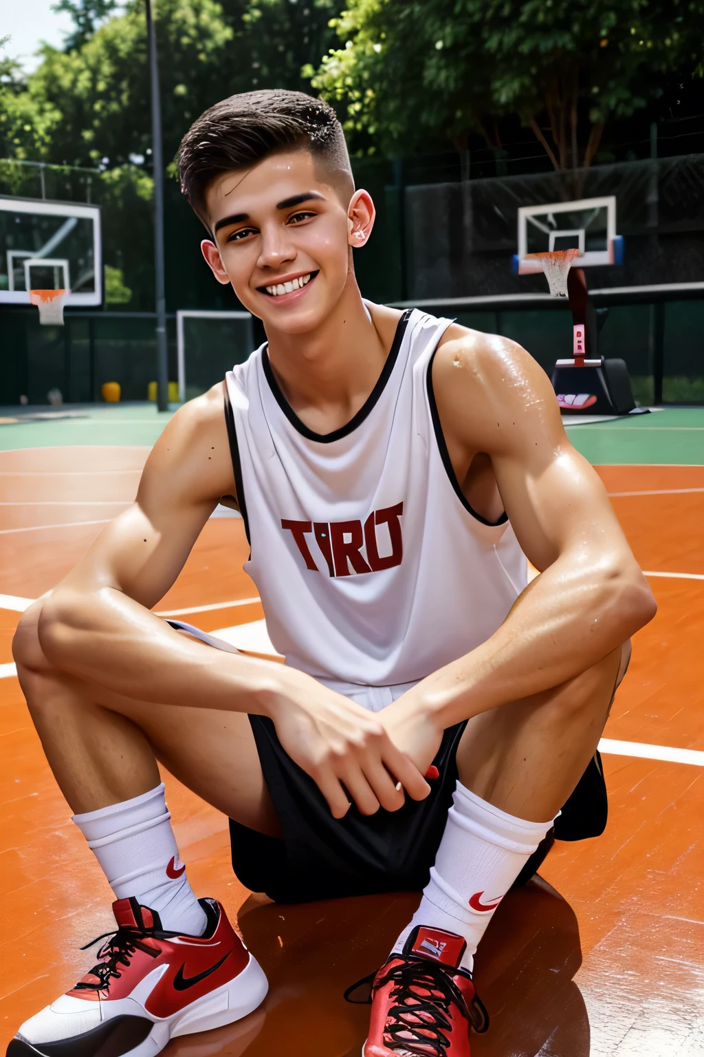 a lean skinny shirtless 18-year old caucasian boy wearing white basketball shorts, red and black rubber shoes, undercut black hair, cute face, brown eyes, tanned skin, smiling, drenched with sweat, sweating profusely, sitting on the floor in the outdoor basketball court