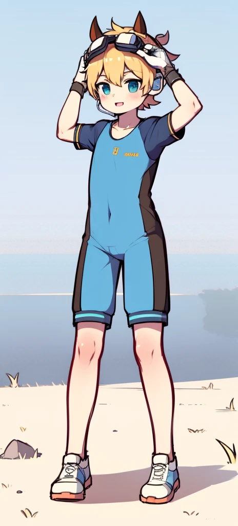 Second dimension boy ager,One-piece mountaineering suit,horn,Cow ears,Put the headphones on your head,stand up,goggles,sports shoes,Slim,Sailor collar,White knee socks,Short sleeve shorts,Leg ring,cute,happy